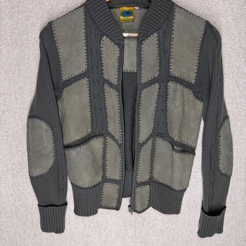 Vintage 70s BeeWear Sportswear Womens L Cowhide Leather Patchwork Cardigan